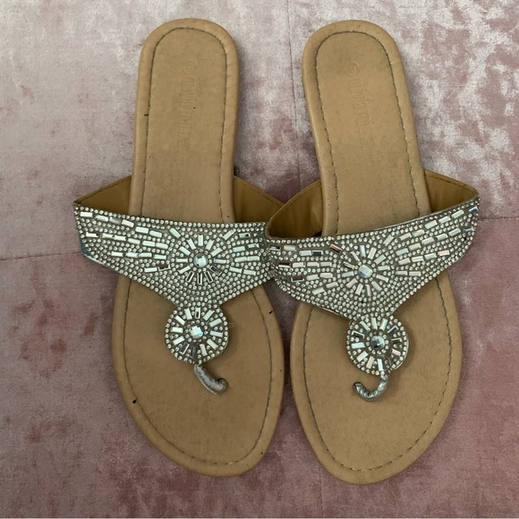 Silver Bejeweled Flip Flops, size 9 - Picture 1 of 8